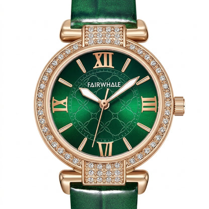 Fairwhale 3659 VELORA - Watch on a green background with scattered diamonds
