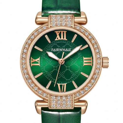 Fairwhale 3659 VELORA - Watch on a green background with scattered diamonds