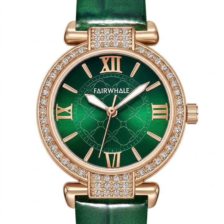Fairwhale 3659 VELORA - Watch on a green background with scattered diamonds