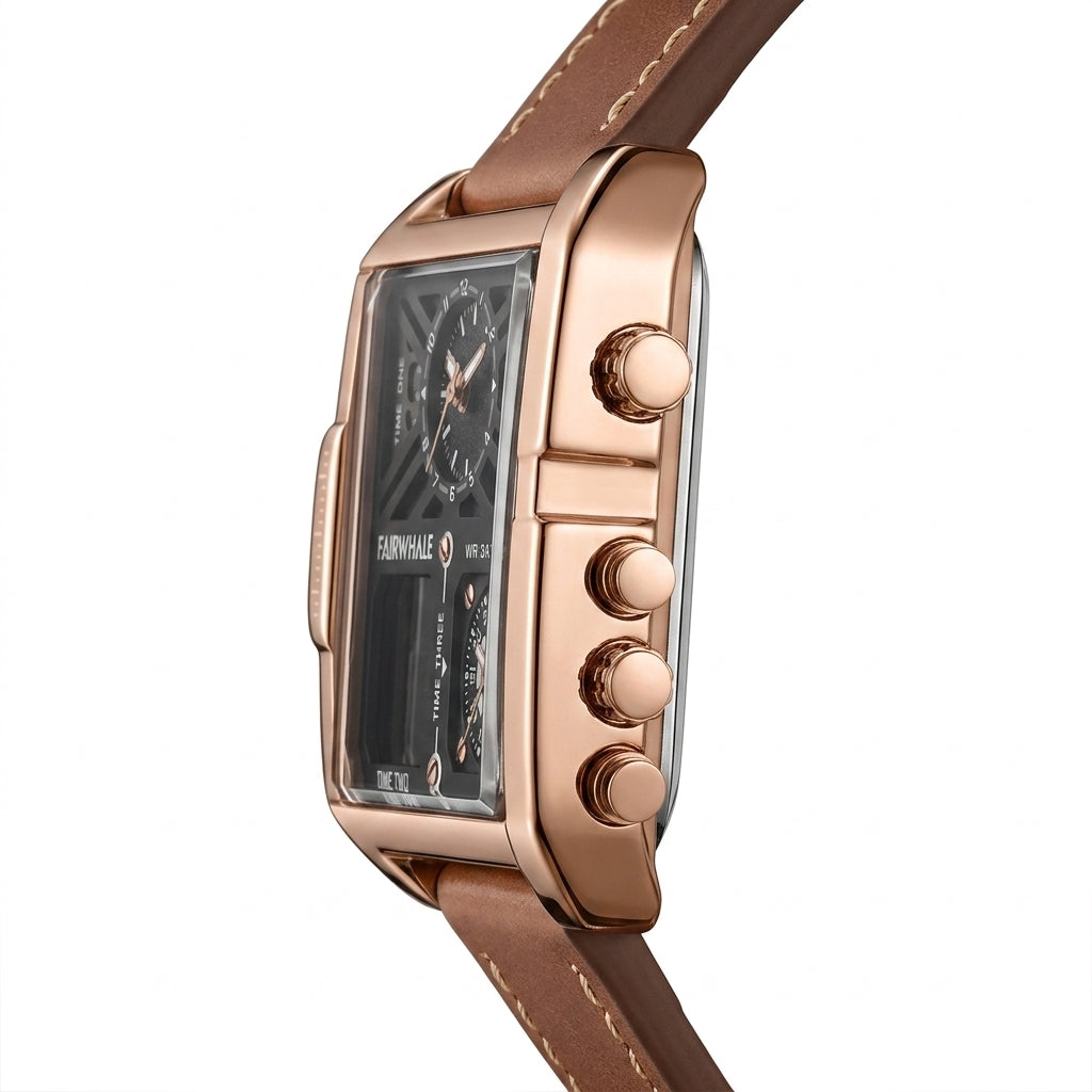 Mark Fairwhale 4380 QUADR - Watch on a man's wrist with leather gloves