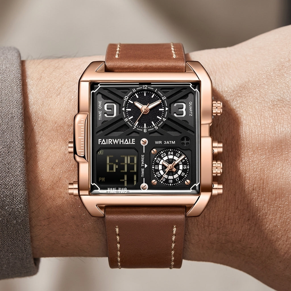Mark Fairwhale 4380 QUADR - Brown leather strap watch