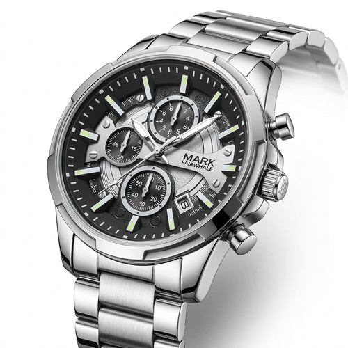 Mark Fairwhale 5028 STENT - luxury watch steel, white background, close-up