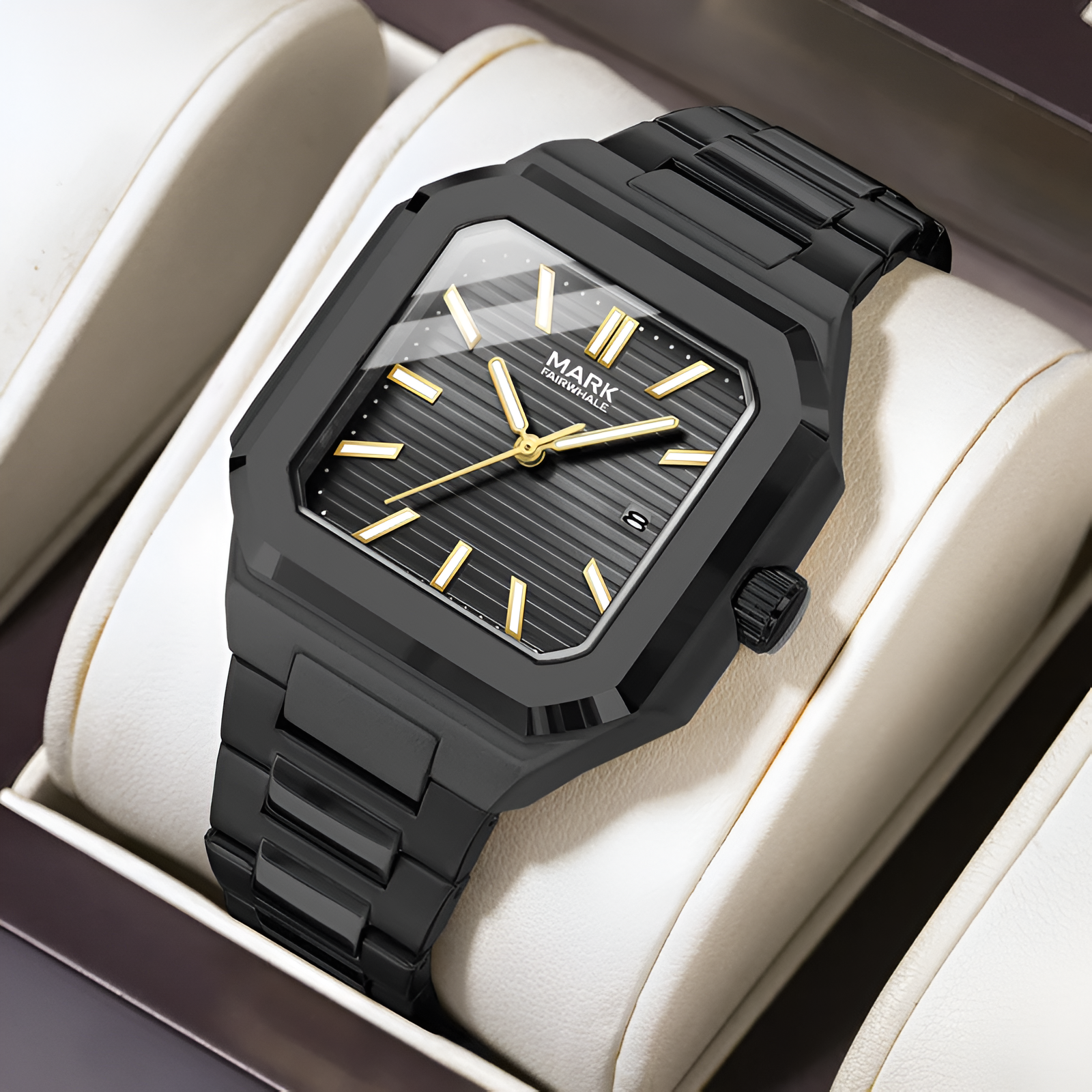 Mark Fairwhale 5042 quartz watch for men, black square dial with gold markers, in gift box angle
