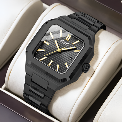 Mark Fairwhale 5042 quartz watch for men, black square dial with gold markers, in gift box angle