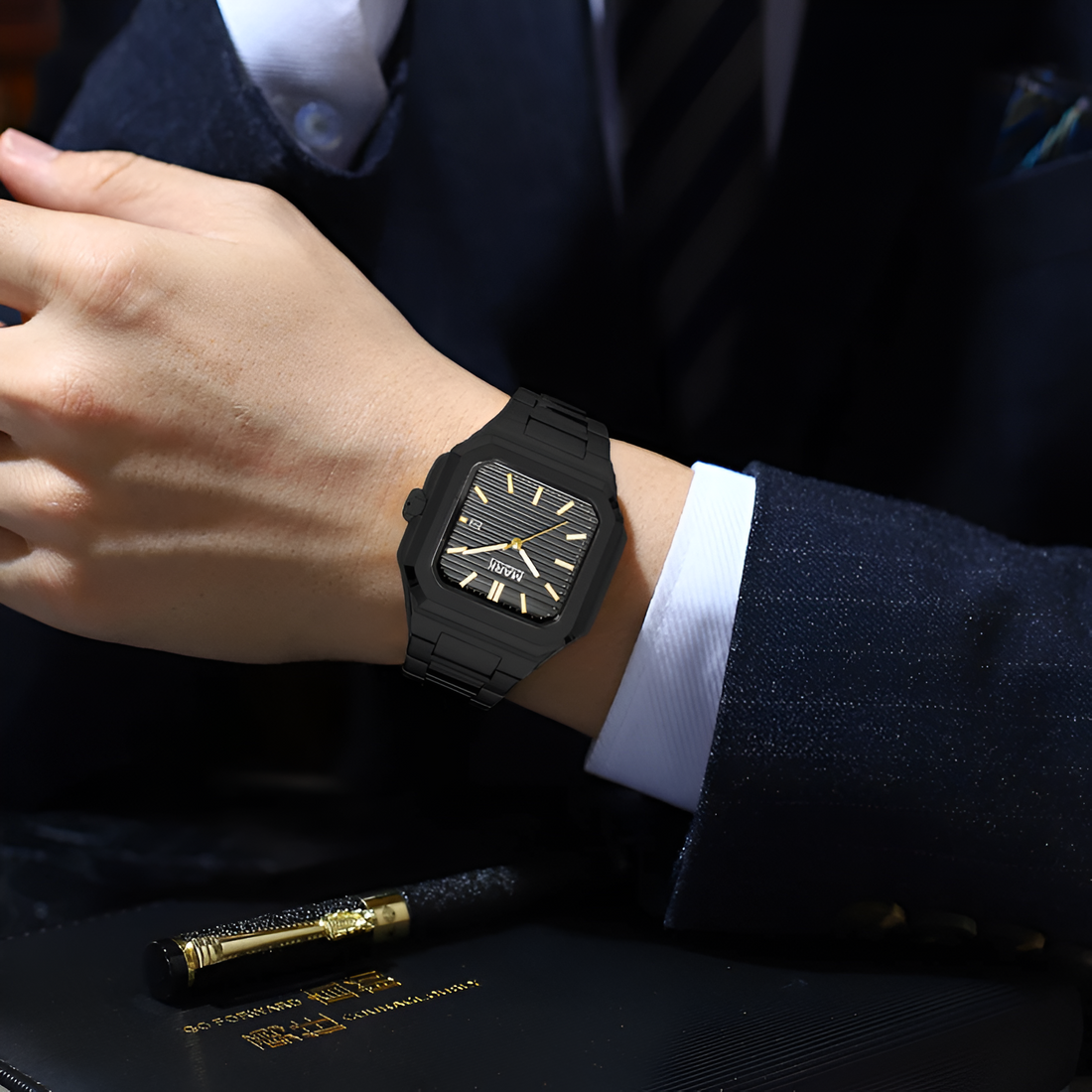Mark Fairwhale 5042 quartz watch for men on wrist, black square dial with gold accents, business suit style