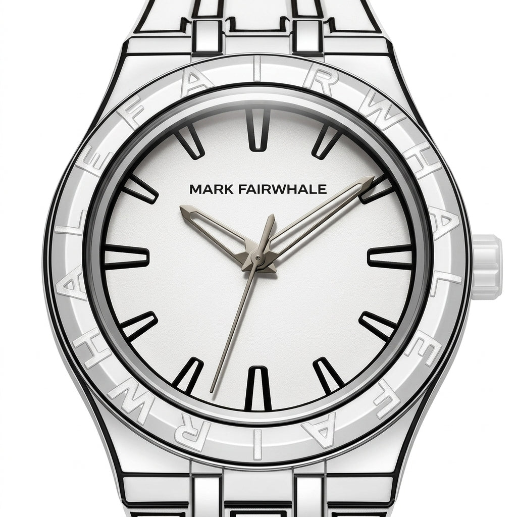 MFW 5110 Mark Fairwhale 5 - White watch on a person's wrist, showing strap detail
