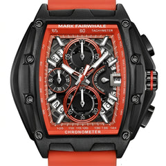 Mark Fairwhale 6590 RUBBE - Angled shot, silver watch with black strap, showcasing side buttons