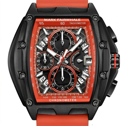Mark Fairwhale 6590 RUBBE - Angled shot, silver watch with black strap, showcasing side buttons