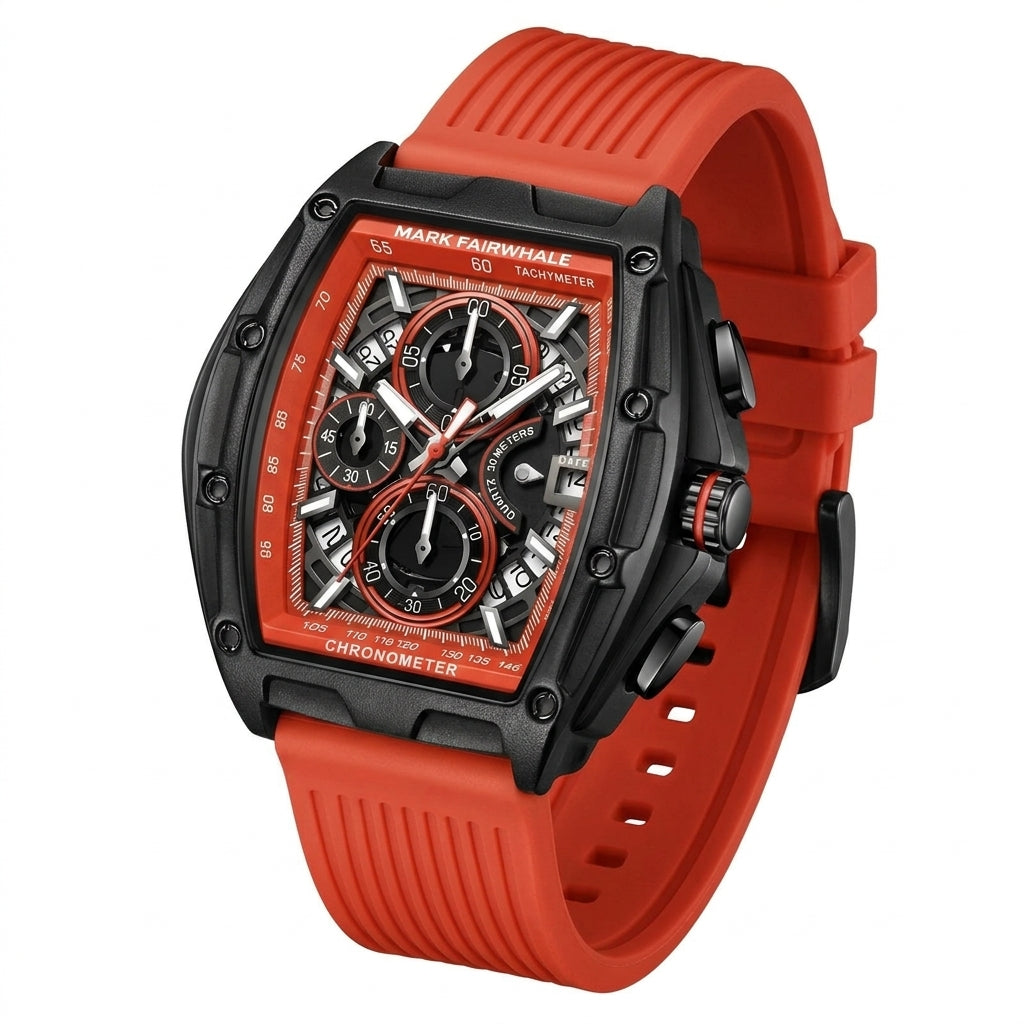 Mark Fairwhale 6590 RUBBE - Top-down view, black watch with red accents on strap