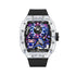 Mark Fairwhale AERION automatic mechanical watch with black rubber strap and purple skeleton dial.