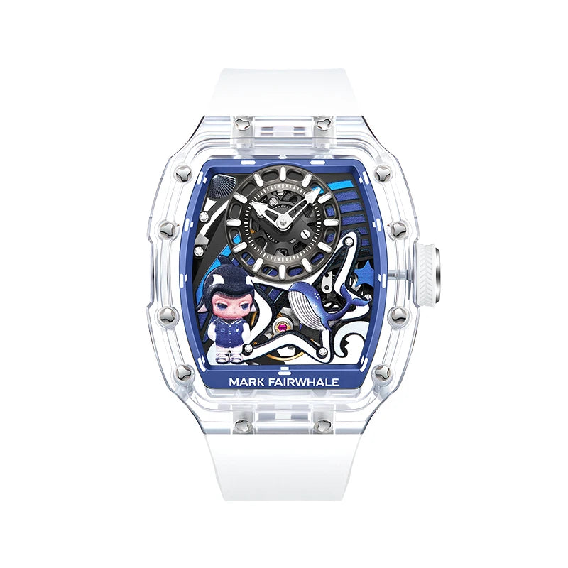 Mark Fairwhale AERION men’s skeleton mechanical watch with blue details and white sport rubber strap.