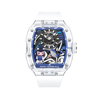 Mark Fairwhale AERION men’s skeleton mechanical watch with blue details and white sport rubber strap.
