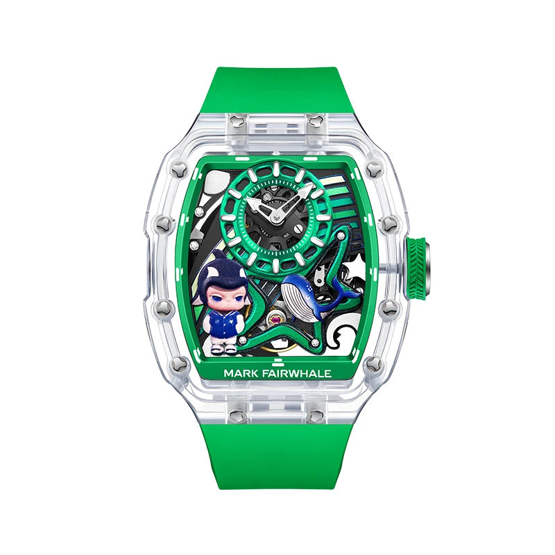  Mark Fairwhale AERION automatic skeleton watch with green rubber strap and transparent tonneau case.