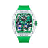  Mark Fairwhale AERION automatic skeleton watch with green rubber strap and transparent tonneau case.