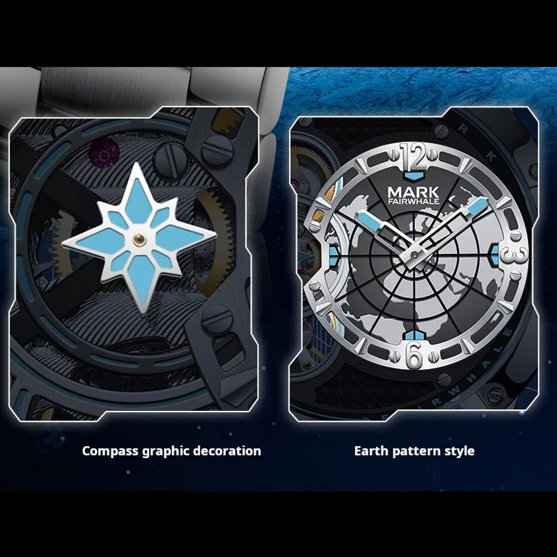 Close-up of Fairwhale FW-6005 AERIXON watch showing compass decoration and earth pattern dial