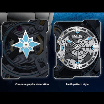 Close-up of Fairwhale FW-6005 AERIXON watch showing compass decoration and earth pattern dial