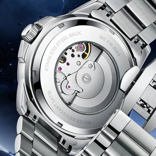 Exhibition case back of Fairwhale FW-6005 AERIXON skeleton automatic watch with stainless steel strap