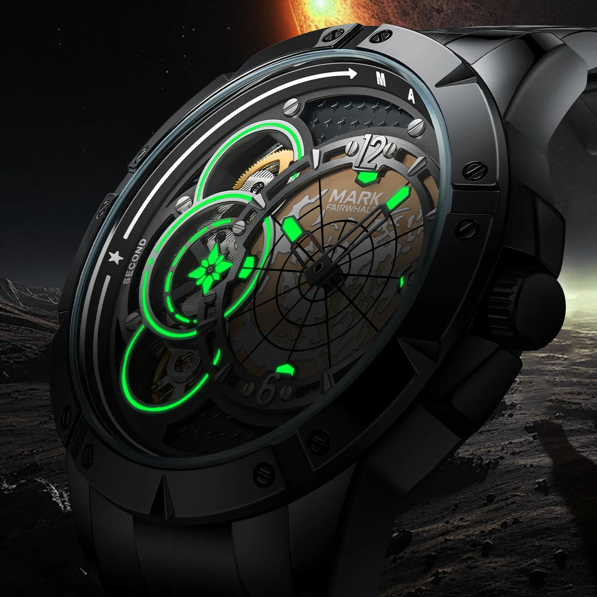Mark Fairwhale FW-6005 AERIXON automatic watch glowing luminous green under dark sky