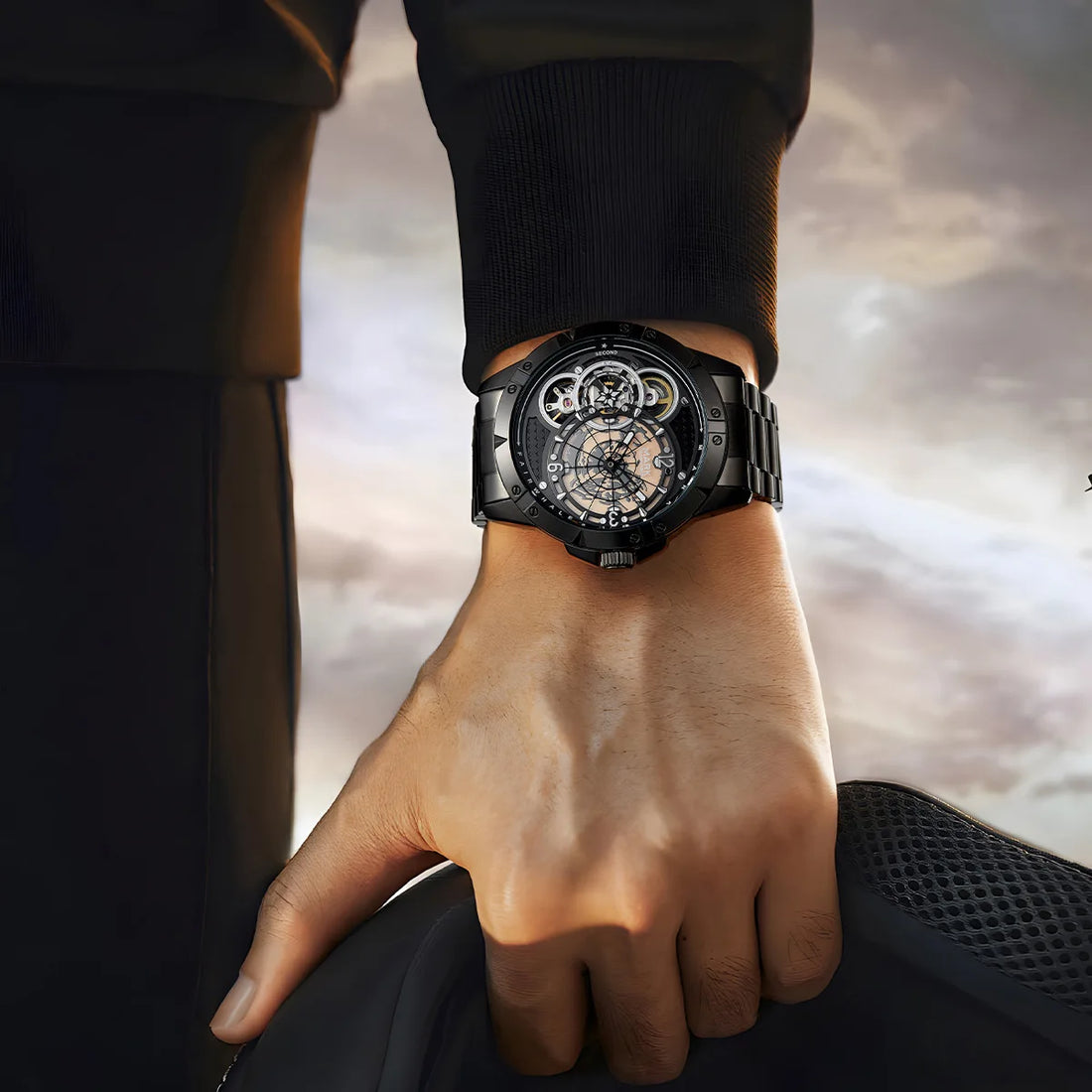  Fairwhale FW-6005 AERIXON skeleton automatic watch worn on wrist with bold presence