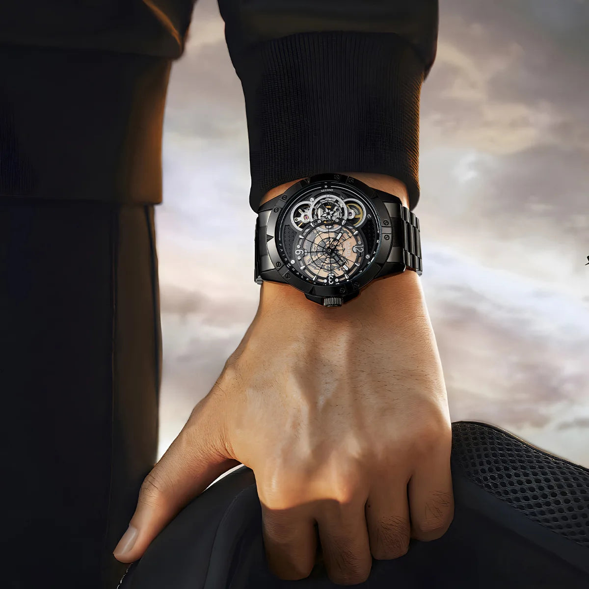  Fairwhale FW-6005 AERIXON skeleton automatic watch worn on wrist with bold presence
