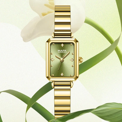 Mark Fairwhale FW-3070 ALERIA Women’s Elegant Square Quartz Watch in gold stainless steel with green dial, front display.