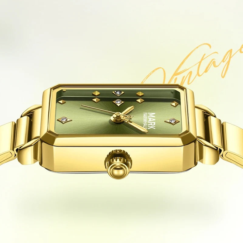 Mark Fairwhale FW-3070 ALERIA Women’s Elegant Square Quartz Watch with green dial and gold stainless steel case, side profile view.