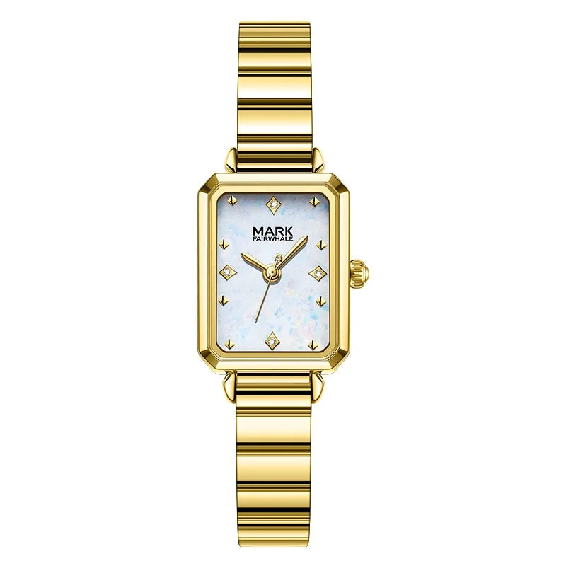 Mark Fairwhale FW-3070 ALERIA Women’s Square Quartz Watch with mother-of-pearl dial and gold bracelet, front view.