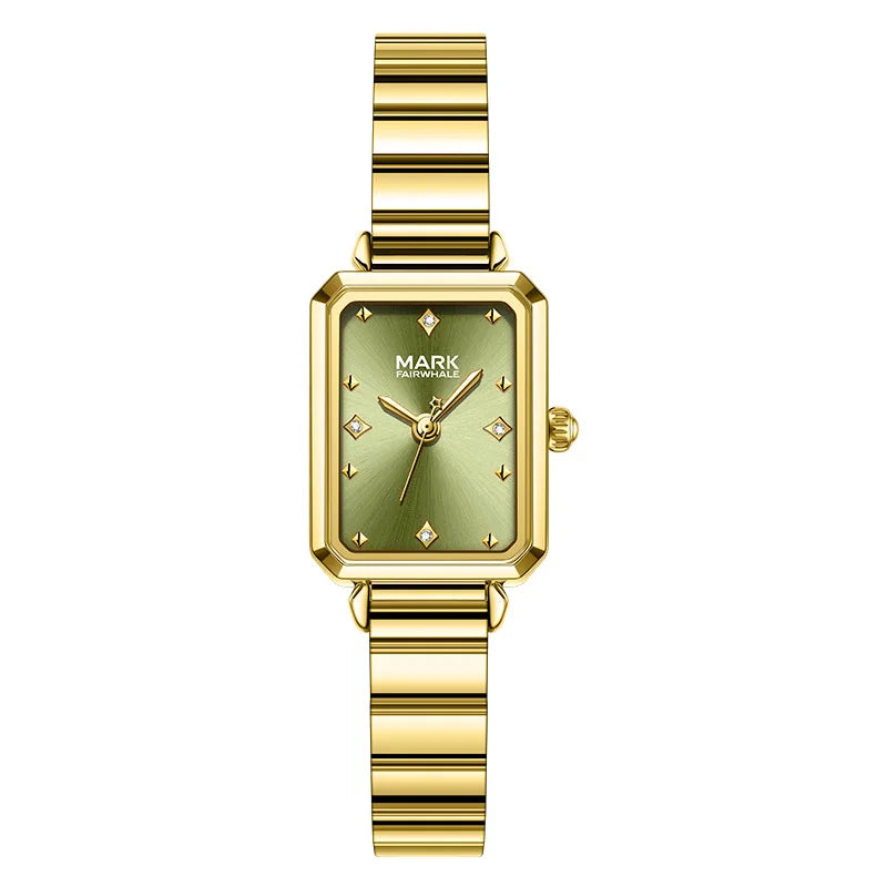Mark Fairwhale FW-3070 ALERIA Women’s Elegant Square Quartz Watch with green dial and gold bracelet, straight front view.
