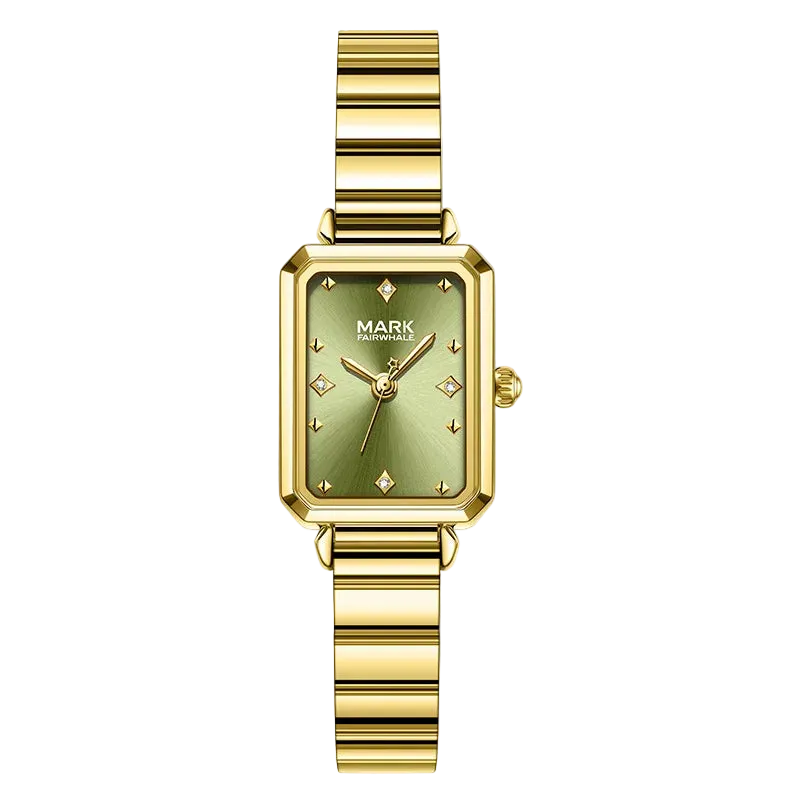 Mark Fairwhale FW-3070 ALERIA Women’s Elegant Square Quartz Watch with green dial and gold bracelet, straight front view.