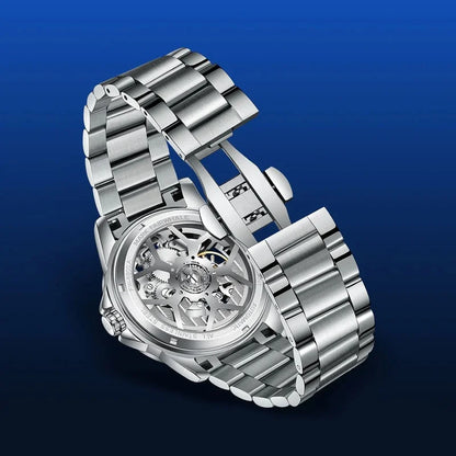 Back view of Mark Fairwhale AURENX skeleton automatic watch showcasing open mechanical movement and stainless steel strap.