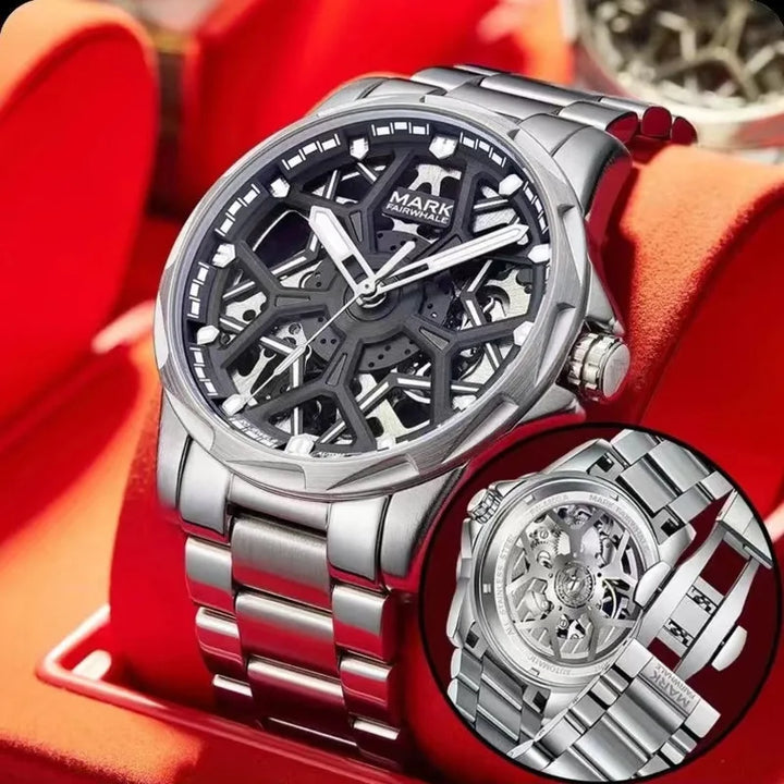 Mark Fairwhale FW-6800 NAUREON skeleton automatic watch displayed in red case with visible open-work movement.