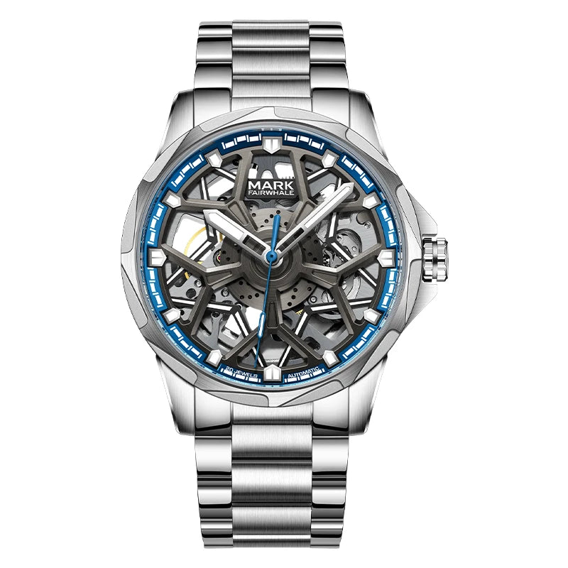 Mark Fairwhale FW-6800 AURENX men’s automatic skeleton watch with stainless steel bracelet and luminous blue hands, modern mechanical design.
