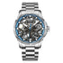 Mark Fairwhale FW-6800 AURENX men’s automatic skeleton watch with stainless steel bracelet and luminous blue hands, modern mechanical design.