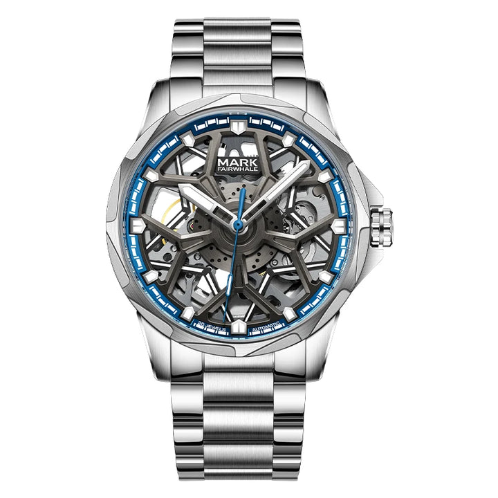 Mark Fairwhale FW-6800 AURENX men’s automatic skeleton watch with stainless steel bracelet and luminous blue hands, modern mechanical design.