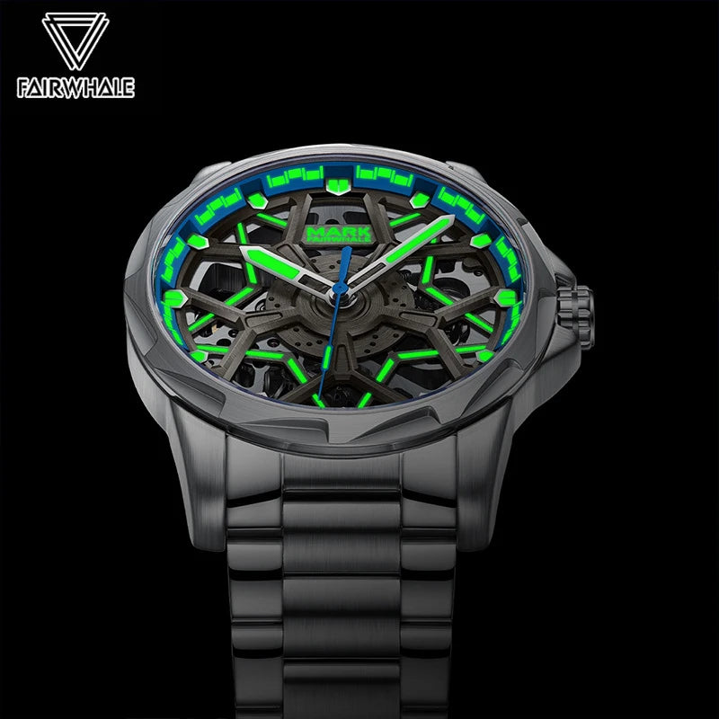 Mark Fairwhale FW-6800 NAUREON skeleton automatic watch with luminous green dial glowing in the dark.