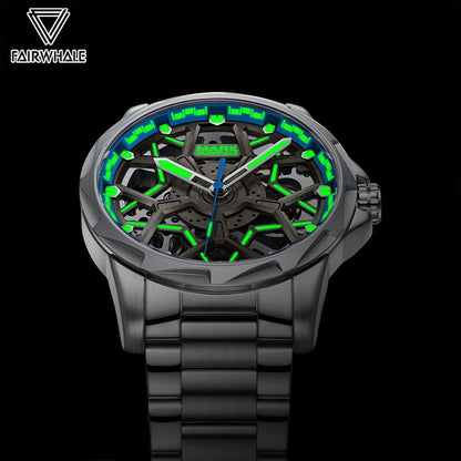 Mark Fairwhale FW-6800 NAUREON skeleton automatic watch with luminous green dial glowing in the dark.