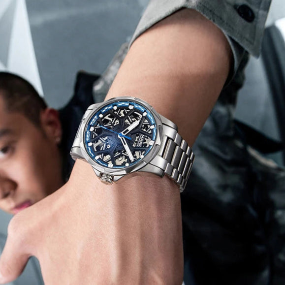 Mark Fairwhale FW-6800 AURENX blue semi-skeleton automatic watch worn by model
