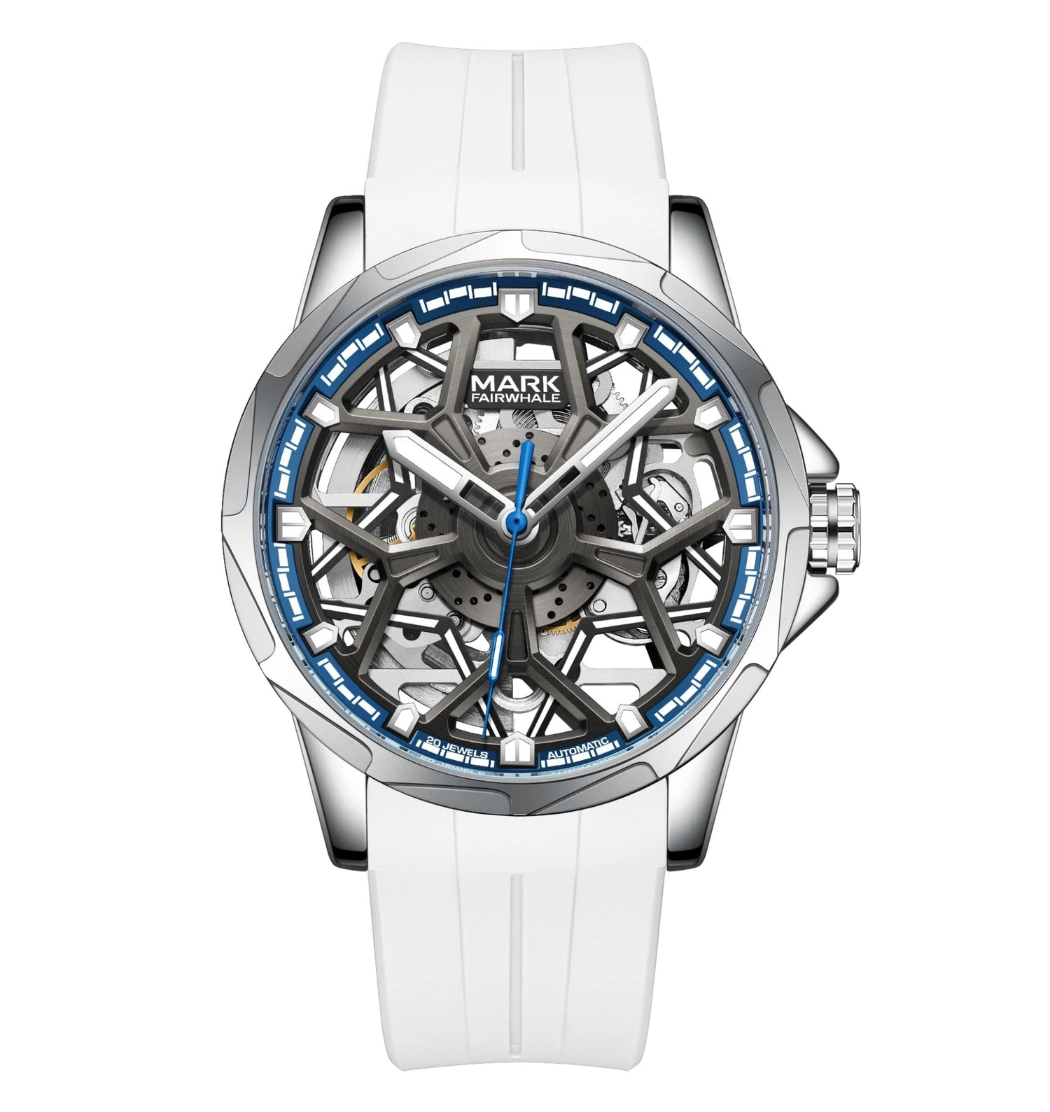 Mark Fairwhale FW-6800 AURENX semi-skeleton automatic watch with white rubber strap and blue luminous accents, luxury men’s timepiece.