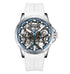 Mark Fairwhale FW-6800 AURENX semi-skeleton automatic watch with white rubber strap and blue luminous accents, luxury men’s timepiece.