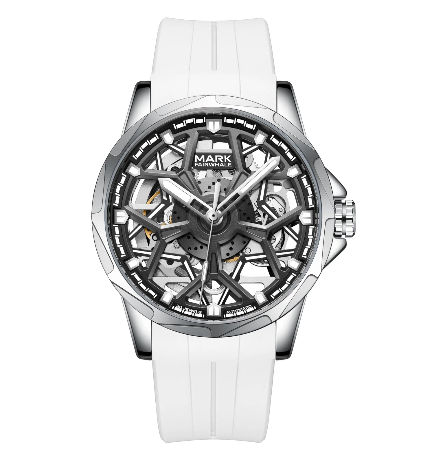 Mark Fairwhale FW-6800 AURENX men’s semi-skeleton automatic watch with white sport strap and minimalist openwork dial.