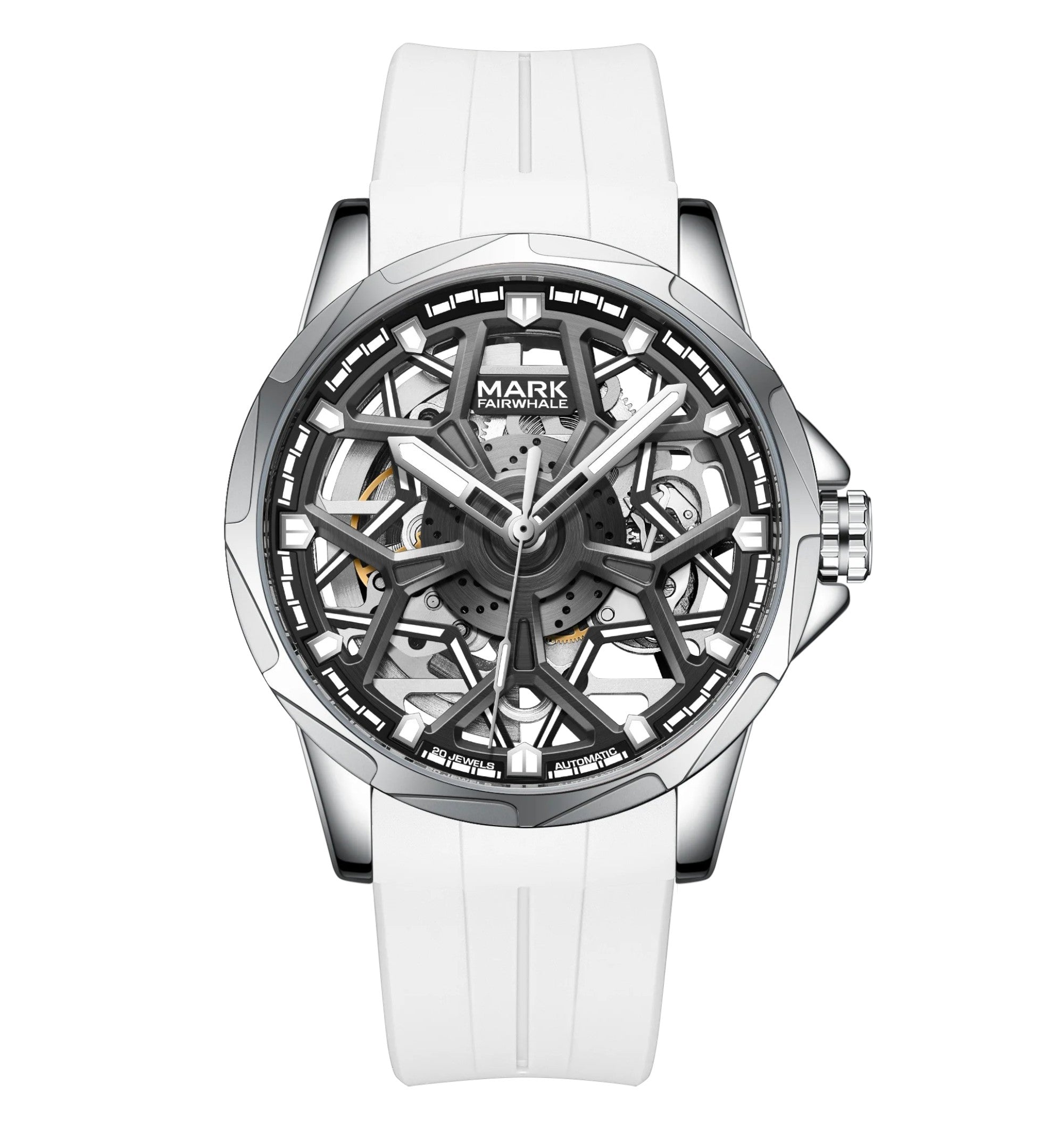 Mark Fairwhale FW-6800 AURENX men’s semi-skeleton automatic watch with white sport strap and minimalist openwork dial.