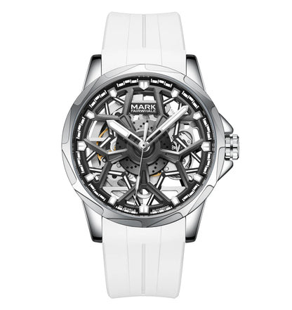 Mark Fairwhale FW-6800 AURENX men’s semi-skeleton automatic watch with white sport strap and minimalist openwork dial.