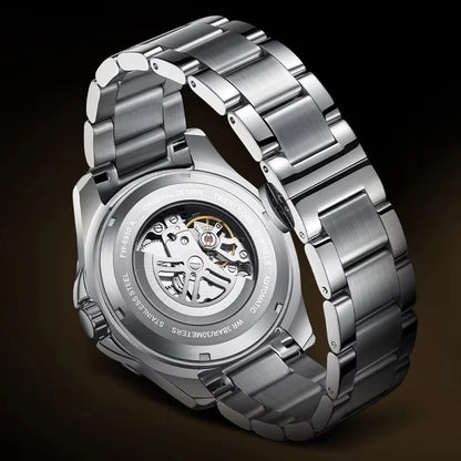 Back view of Mark Fairwhale 6950 AUREON skeleton automatic watch with transparent case back and visible movement in stainless steel.