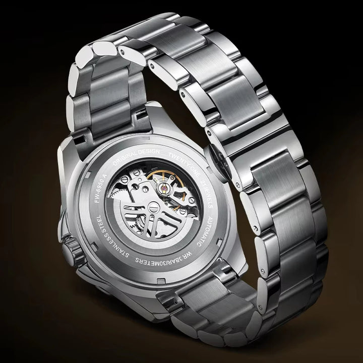 Back view of Mark Fairwhale 6950 AUREON skeleton automatic watch with transparent case back and visible movement in stainless steel.