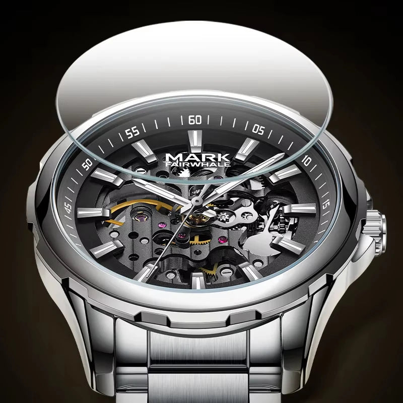 Mark Fairwhale 6950 AUREON men’s skeleton automatic watch with scratch-resistant Hardlex crystal and detailed mechanical dial.