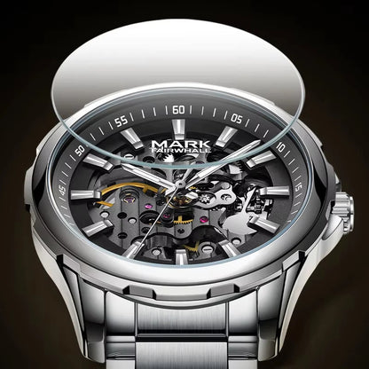 Mark Fairwhale 6950 AUREON men’s skeleton automatic watch with scratch-resistant Hardlex crystal and detailed mechanical dial.