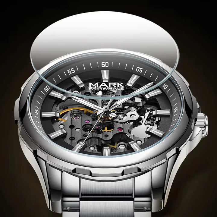 Mark Fairwhale 6950 AUREON men’s skeleton automatic watch with scratch-resistant Hardlex crystal and detailed mechanical dial.