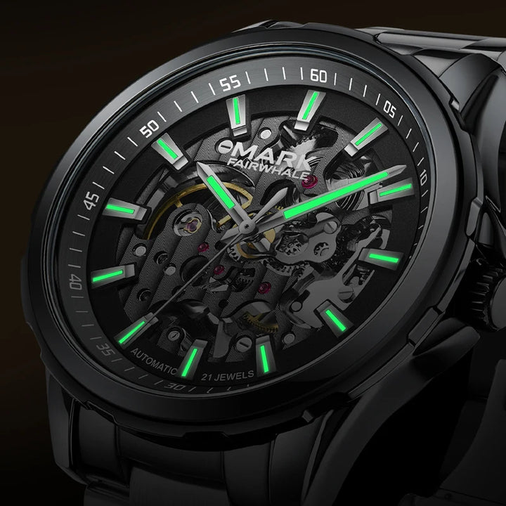 Mark Fairwhale 6950 AUREON skeleton automatic watch with luminous hands and markers glowing in the dark, luxury men’s timepiece.