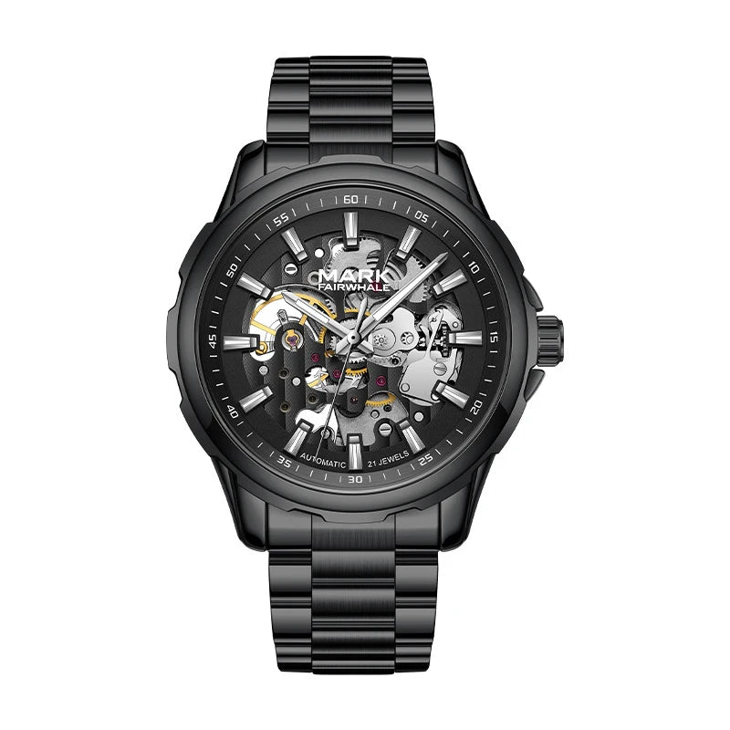 Mark Fairwhale 6950 AUREON men’s skeleton automatic watch in black stainless steel with luminous display and mechanical skeleton dial.