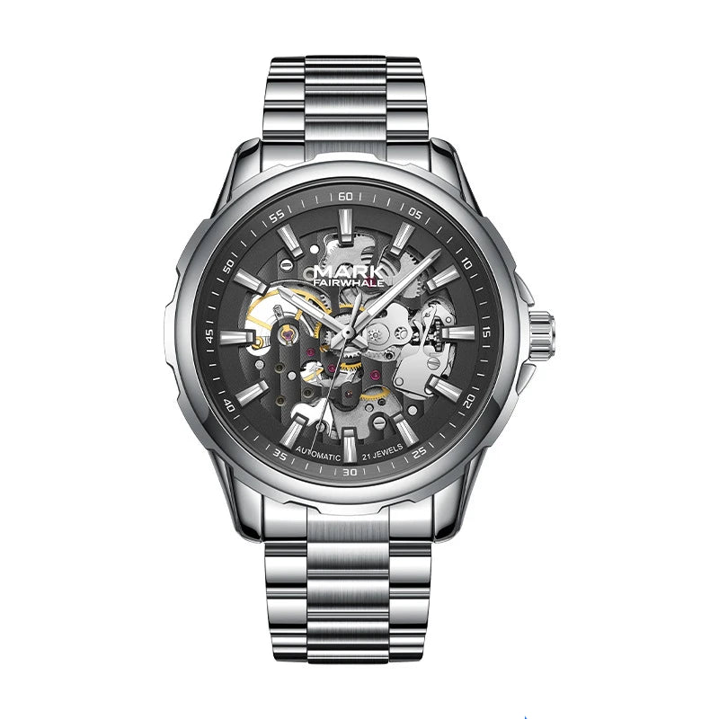 Mark Fairwhale 6950 AUREON men’s skeleton automatic watch in silver stainless steel with transparent mechanical dial and luxury design.
